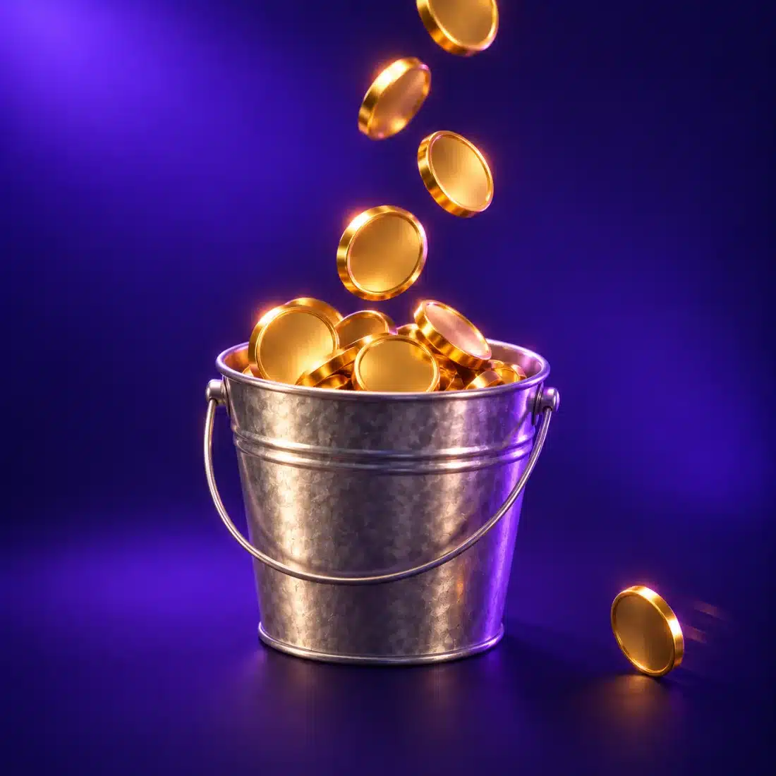 Gold coins falling into a galvanised bucket