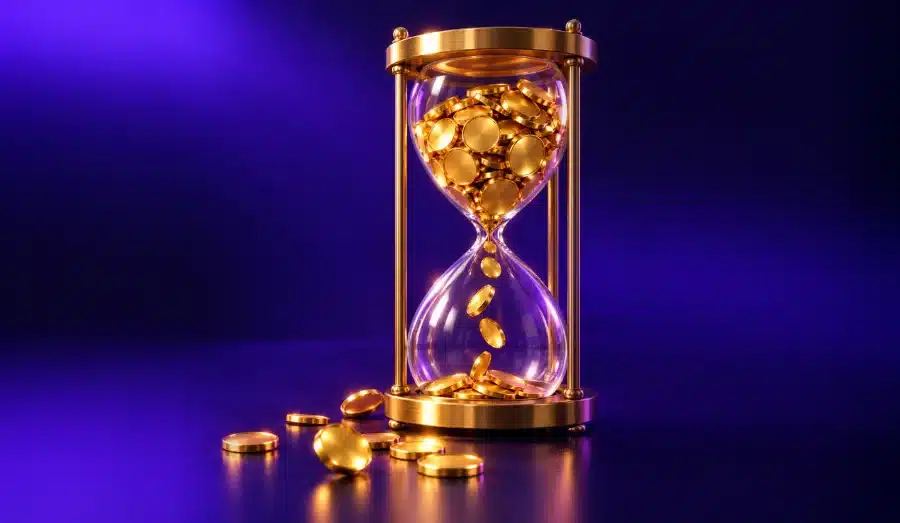 Gold coins trickling through an hourglass