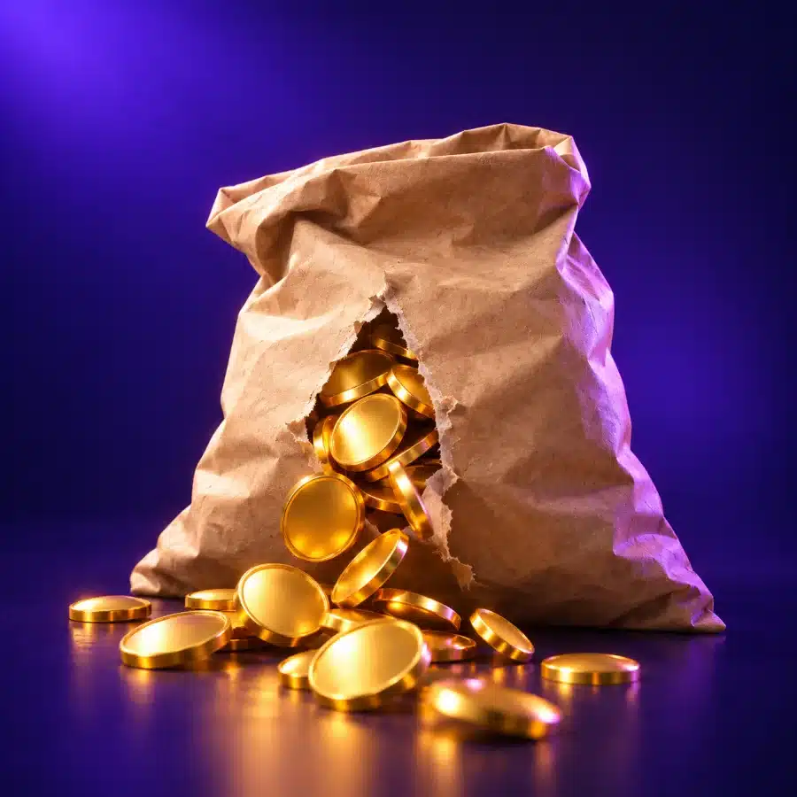 Gold coins spilling from a torn paper sack