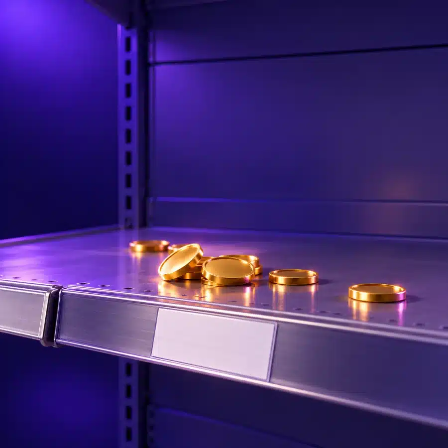 Gold coins scattered on an empty shelf