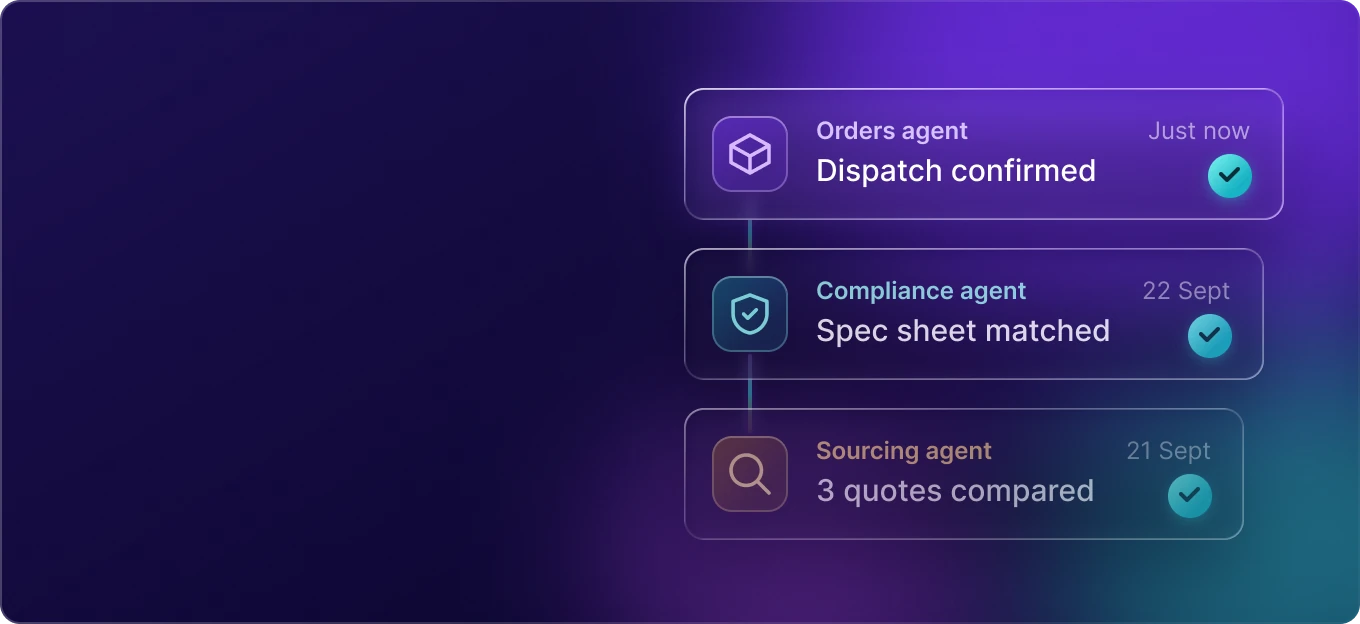 Agent activity: dispatch confirmed, spec sheet matched and quotes compared by Brain’s agents