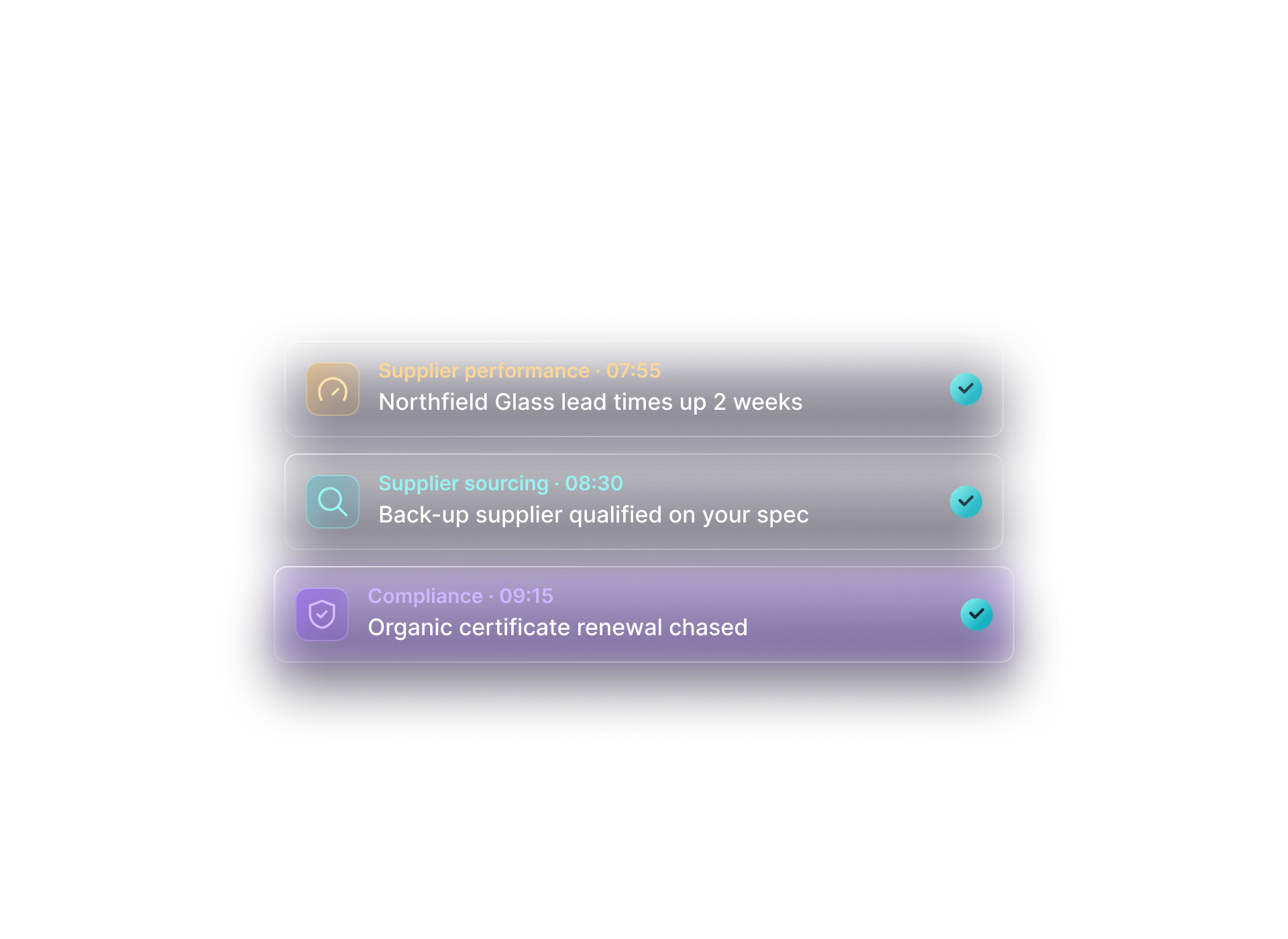 Today: lead times flagged, back-up supplier qualified and a certificate renewal chased