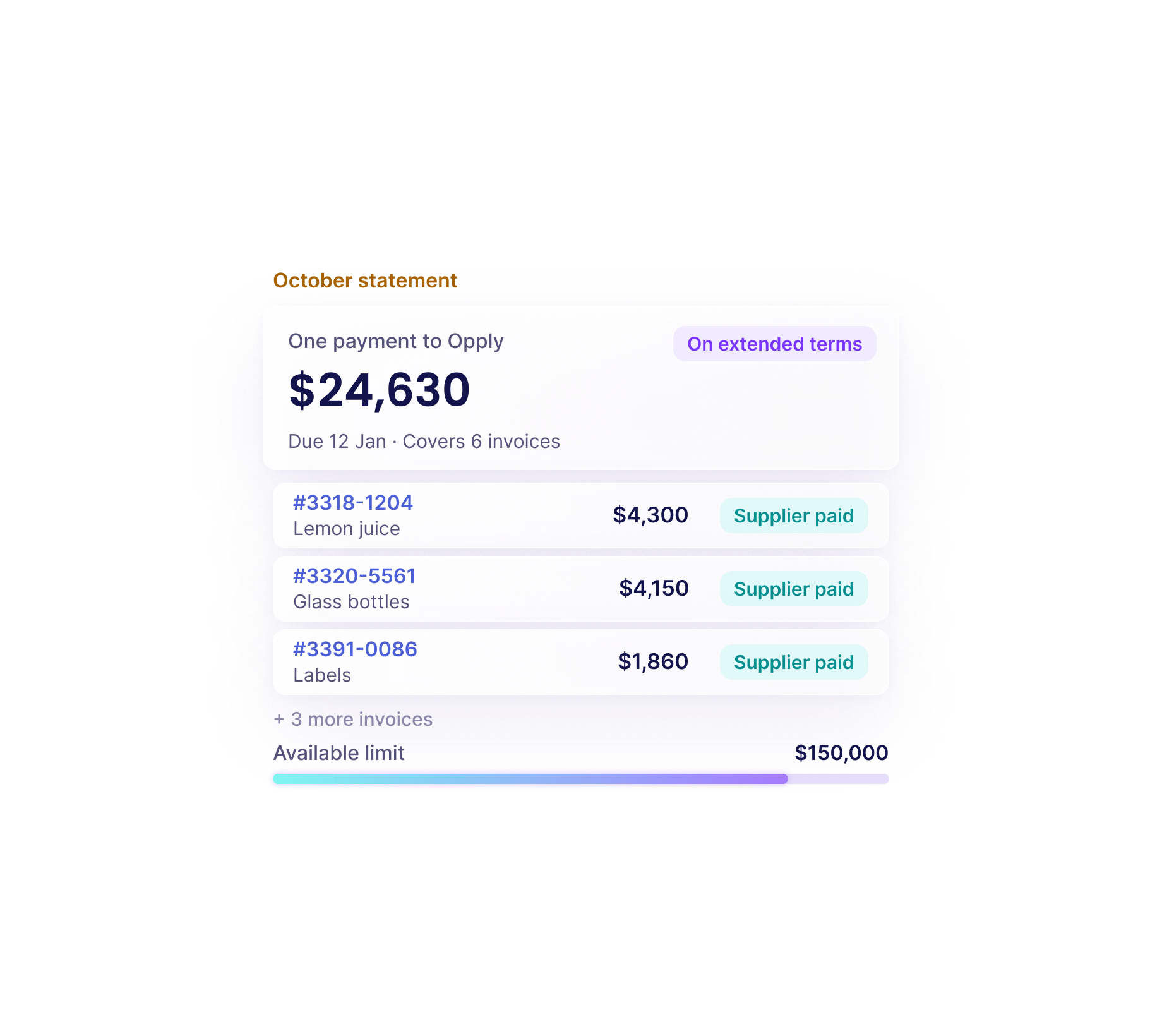 October statement: one payment to Opply covering six supplier invoices